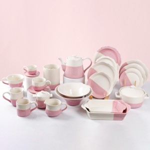 Pabrik Keramik Grosir Modern Reaktif Pink Stoneware Dinnerware Sets