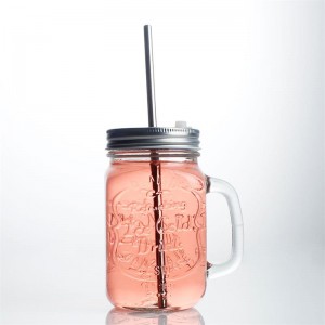 china manufacturer 450ml logo custom color optional glass mason jar with plastic metal straw handle stainless still screw lid