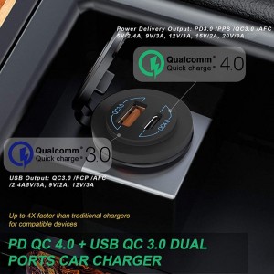 60W DC 12V-24V কুইক চার্জার QC 3.0 USB +4.0 PD ডুয়াল পাওয়ার আউটলেট ওয়াটারপ্রুফ কার চার্জার সকেট