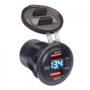 12V USB Outlet QC 3.0 Dual USB Car Charger sareng LED Voltmeter ON / OFF Switch Fast Charger pikeun Mobil Parahu Kelautan ATV Treuk