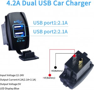 Dobbel USB-vippebryter Type A 5V 4,2A Med blå LED