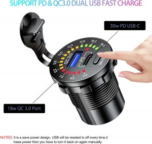 Quick Charge 3.0 USB Car Charger Socket 12V/24V bi Swiċċ Voltmeter Colorful QC3.0 Socket għall-Karozza