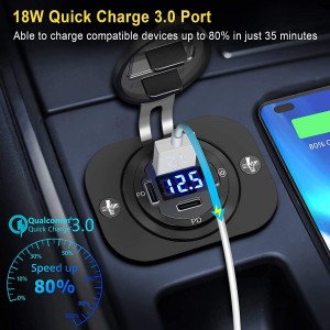 ຮູສຽບ USB 12V Dual 18W Quick Charge 3.0 Port & 20W PD 12V dual USB C Car Charger socket with Voltmeter and button switch