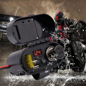 Carregador adaptador de alimentação com braçadeira para guiador de motocicleta com saída USB dupla à prova d'água