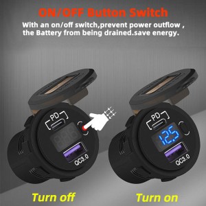 12V Type C PD 48W QC3.0 Voltmeter ON / OFF Switch Fast Charging USB Car Charger Para sa Car Boat Truck