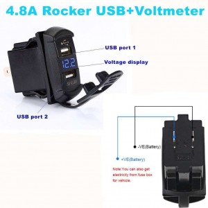 4,8A Универзален рокерски стил Син LED дигитален дисплеј Волтметар Двоен USB полнач за автомобил