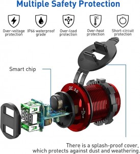 Voltímetro LED QC3.0 de carga rápida de 12V/24V CC, enchufe USB dual para coche, barco marino, motocicleta, camión, RV