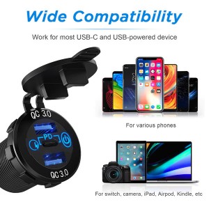 65W USB C PD Car Charger Socket & Dual Charge Quick 3.0 Ports