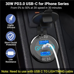 65W USB C PD Charger Mobil Soket & Dual Quick Charge 3.0 Port