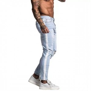 China Factory Hot Sale Light Blue Mens Side Stripe Slim Fit Stretch Denim Ripped Men’s Jeans