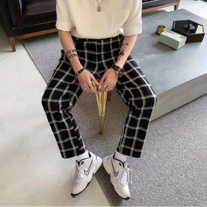 Hot sell early spring high quality loose comfortable elastic waist plaid men’s casual trousers wholesale custom