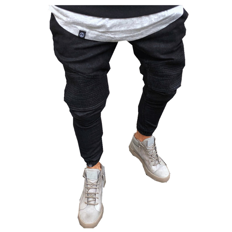 Hot selling item biker jeans slim wrinkled normal trouser tops and elastic bottoms men’s jeans Featured Image