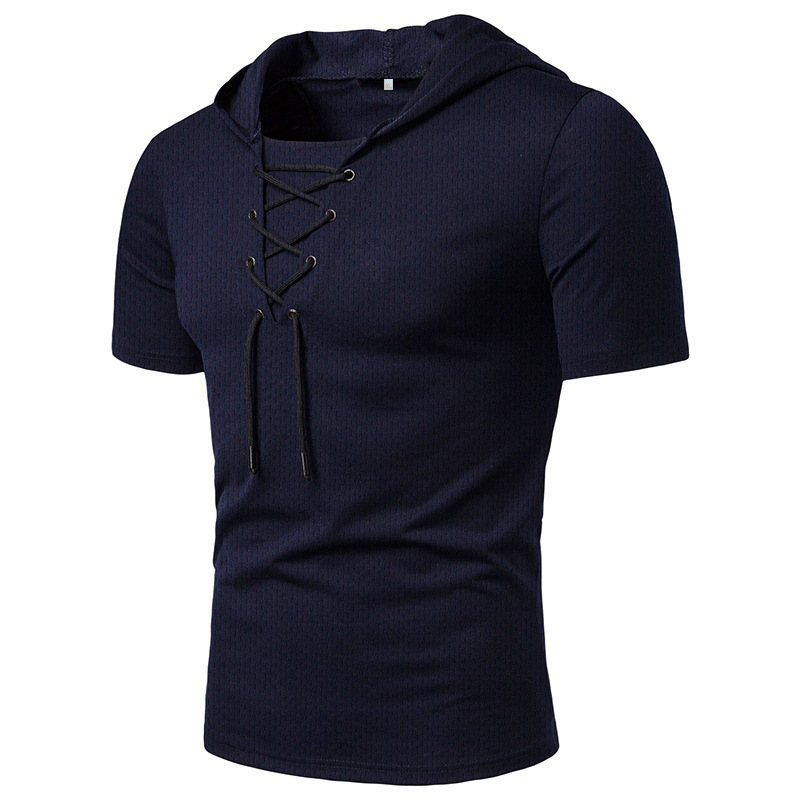 Men’s casual sports tethered short-sleeved top summer loose breathable mesh hooded T-shirt Featured Image