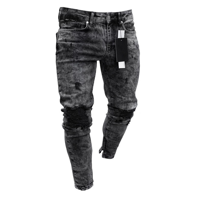 Popular jeans made in China factory high quality snow wash ripped skinny men’s jeans OEM customized Featured Image
