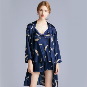 3 Pieces Feather Silky Sexy Cami Sleepwear Nightwear with Robe and Shorts