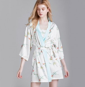 women white printing soft satin 3-piece pajama set1719