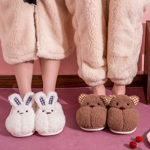 Lindas pantuflas de algodón con conejo de oso para mujer, pantuflas de algodón de felpa cálidas de gamuza para interiores de casa de otoño e invierno para parejas de dibujos animados