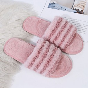 Zapatillas de algodón abiertas de otoño e invierno para mujer, pantuflas antideslizantes con fondo suave de felpa a rayas para el hogar