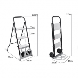 3 Step Lightweight Aluminum Ladder Folding Cart Dolly with Rolling Wheels Portable Hand Truck Step Stool