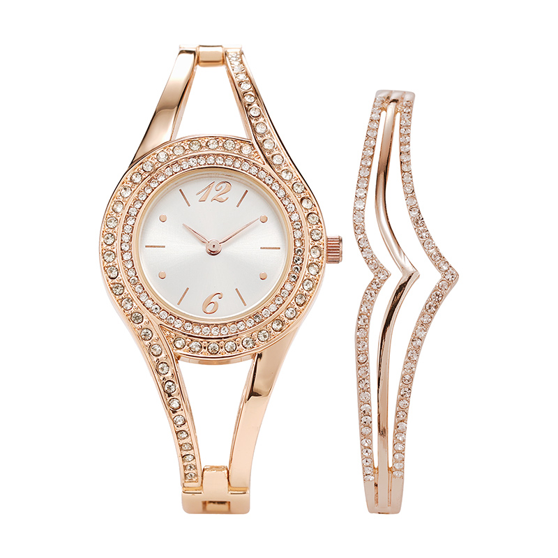Classic Alloy Strap Ladies Watch with Crystal Bracelet Watches Set mo meaalofa fafine