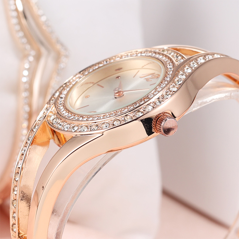 Classic Alloy Strap Ladies Watch with Crystal Bracelet Watches Set ji bo diyariyên jinan