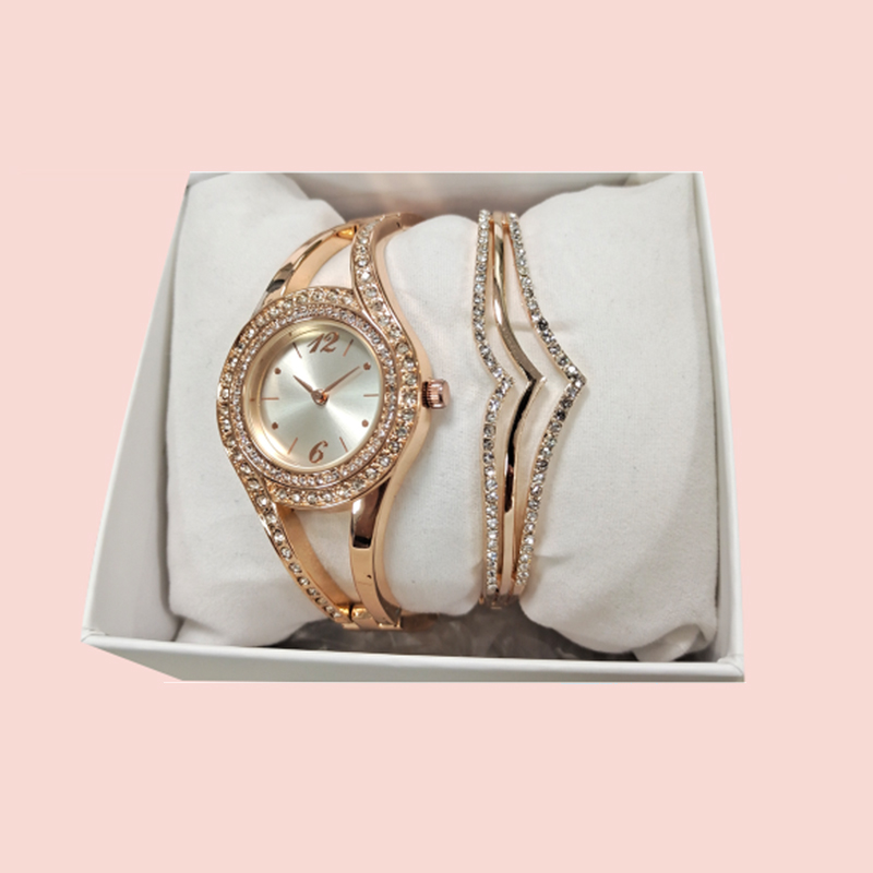 Classic Alloy Strap Ladies Watch with Crystal Bracelet Watches Set ji bo diyariyên jinan