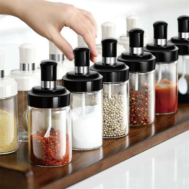 wholesale 250 ml Contenitore di conservazione di cucina Spice Seasoning Bottle Glass Seasoning Salt Sugar Sealed Jar With Brush and Spoon Oil Pot Image Featured Image