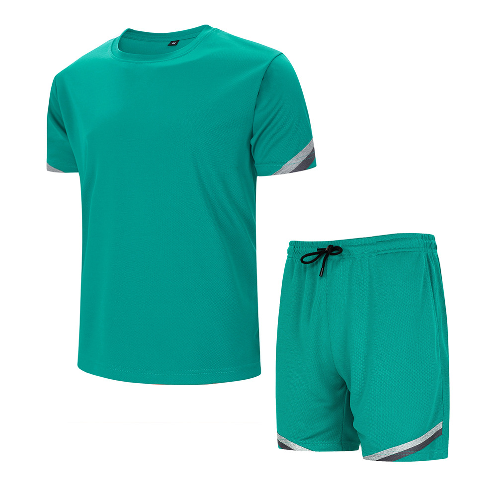 Conjunto de camiseta e pantalóns curtos de 2 pezas de verán para hombre, chándal de malla de malla con logotipo personalizado que absorbe a humidade