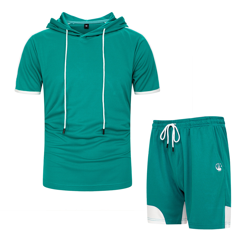 2 piraso panlalaking sport breathable contrast color hooded t shirt set na may shorts