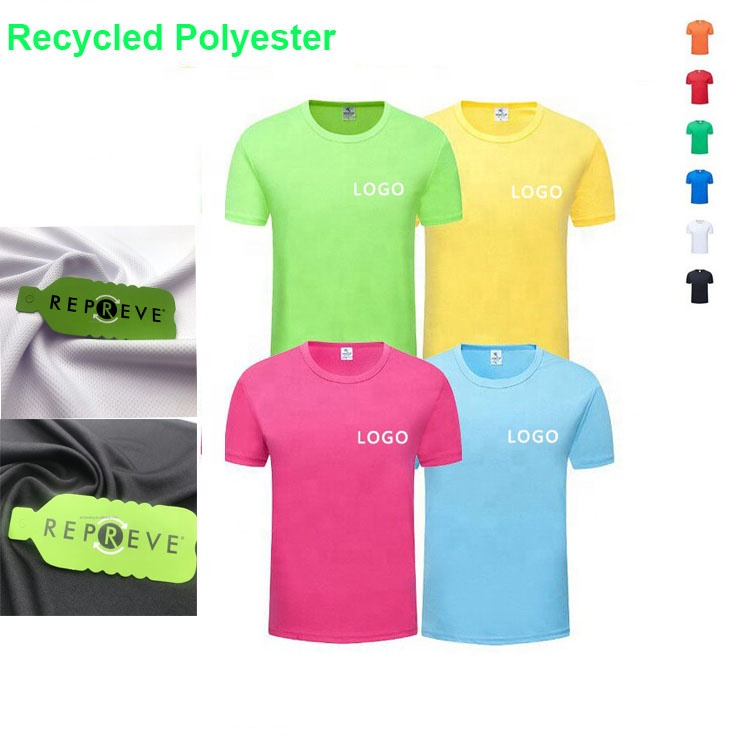 Camiseta de poliéster reciclada personalizada ecolóxica de fábrica feita con botellas de plástico, camisetas reutilizables de RPET para homes e mulleres