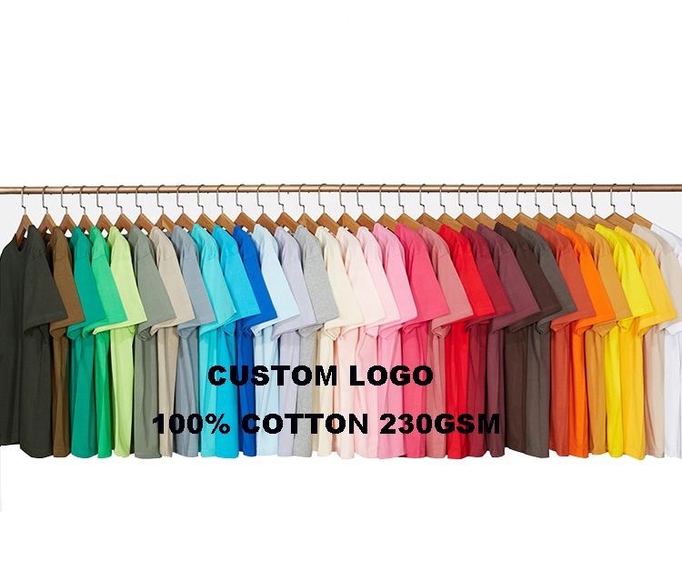 Camisetas lisas por xunto de 230 g de grosor, algodón hilado en anillo, manga curta, dobre puntada, camisetas de alta calidade, logotipo personalizado