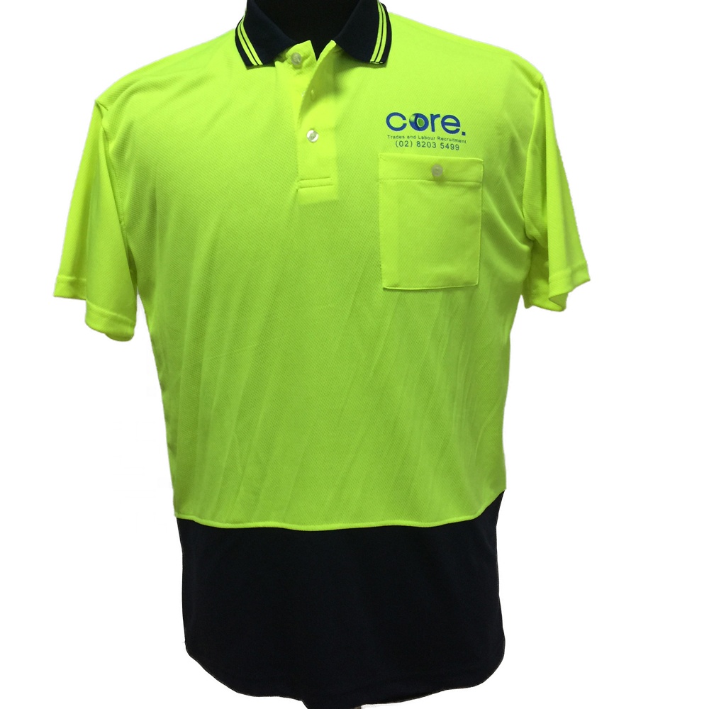 Fabricante de prendas de vestir, camisas polo de seguridade con protección UV de alta visibilidade, camisetas de golf personalizadas 100% poliéster, color de contraste, amarela neón