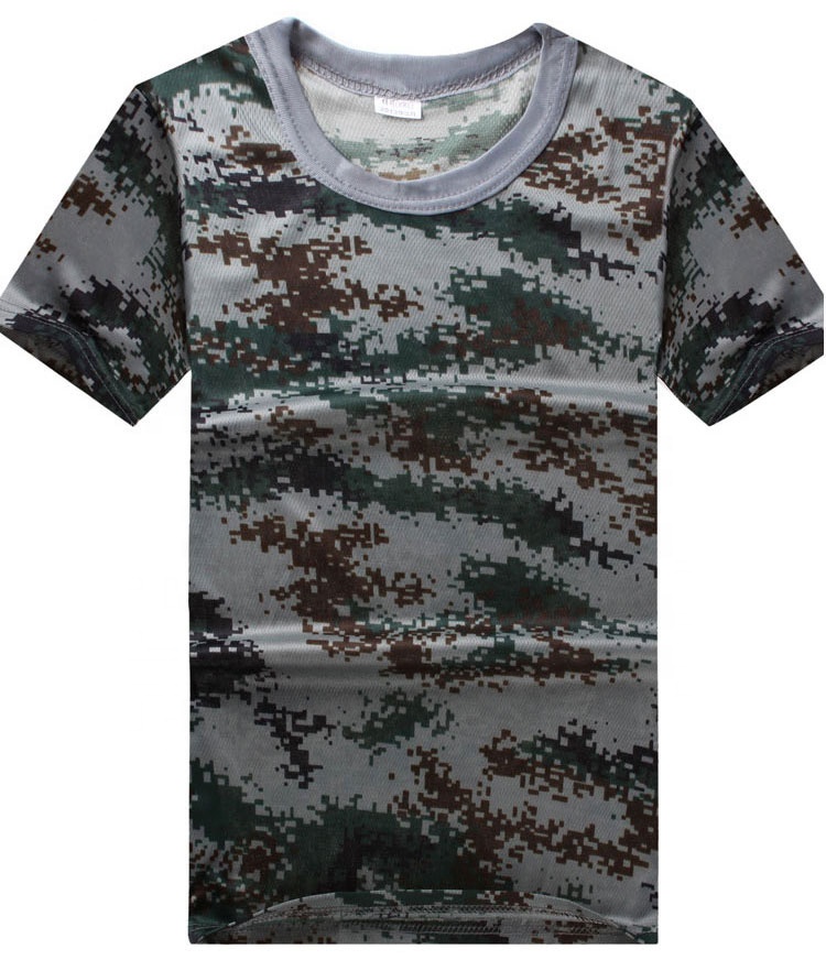 I-T-shirt ye-camouflage ye-Bulk promotion t-shirt itshiphu i-100% i-polyester yangaphandle ezemidlalo nxiba i-camo ihempe yelogo yesiko