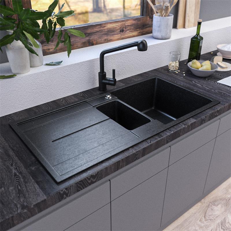 Гранитна кухненска мивка в черен цвят с двойно корито