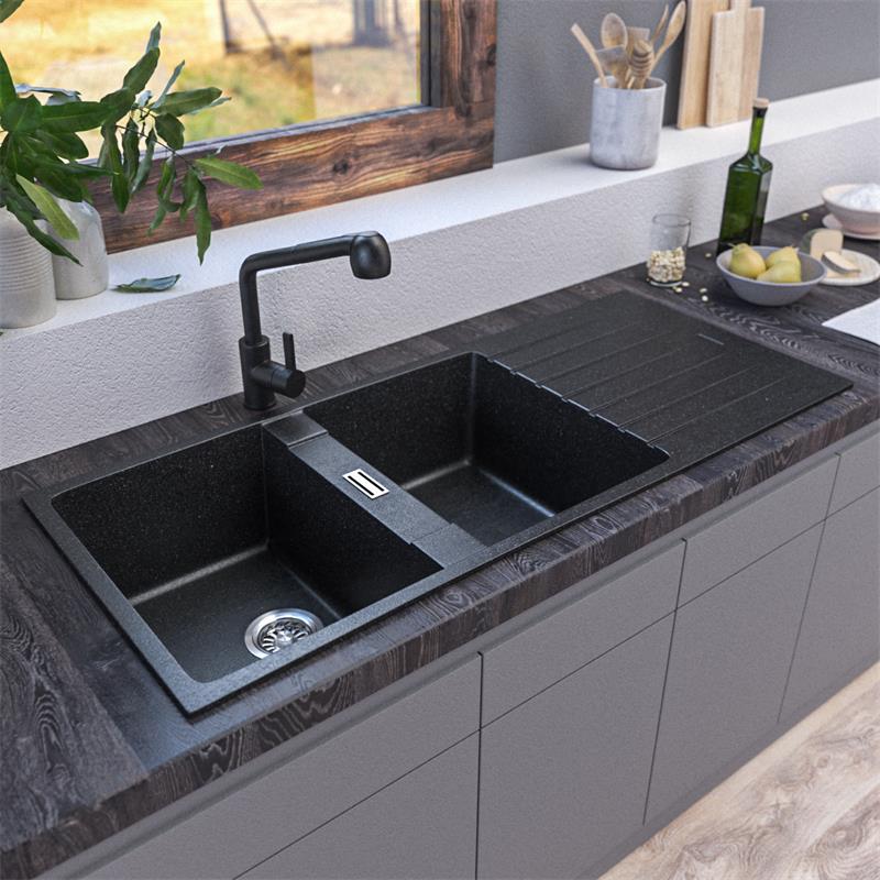 Drainboard Quartz Stone Kitchen Sink ပေါင်းစပ်ထားသော Granite Sink Farmhouse Sink နှင့် Double Bowl