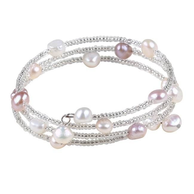 Freshwater Pearl & Glass Beaded 3 Row Bracelet, Sterling Silver, PB005