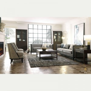 Set divan i dhomës së ndenjes me tapiceri me dizajn popullor me mbështetëse krahu prej druri