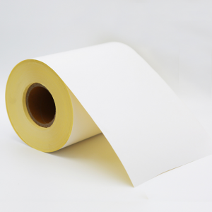Papel térmico con revestimento superior/adhesivo termofusible anticongelante/papel glassine amarelo de 60 g/m².