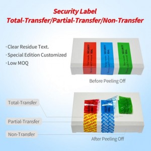 Materiale per etichette autoadesive di sicurezza a prova di manomissione VOID/VOIDOPEN a basso residuo in poliestere argento opaco a trasferimento parziale