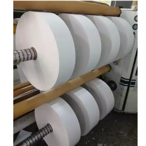 Pabrik jumbo roll 60 mic self adhesive putih BOPP langsung termal pp