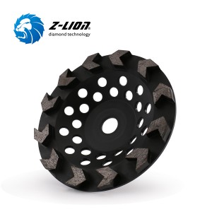 Arrow cup diamond grinding wheel for hand-held grinders for rough grinding and shaping of concrete surfaces, edges or corners etc.