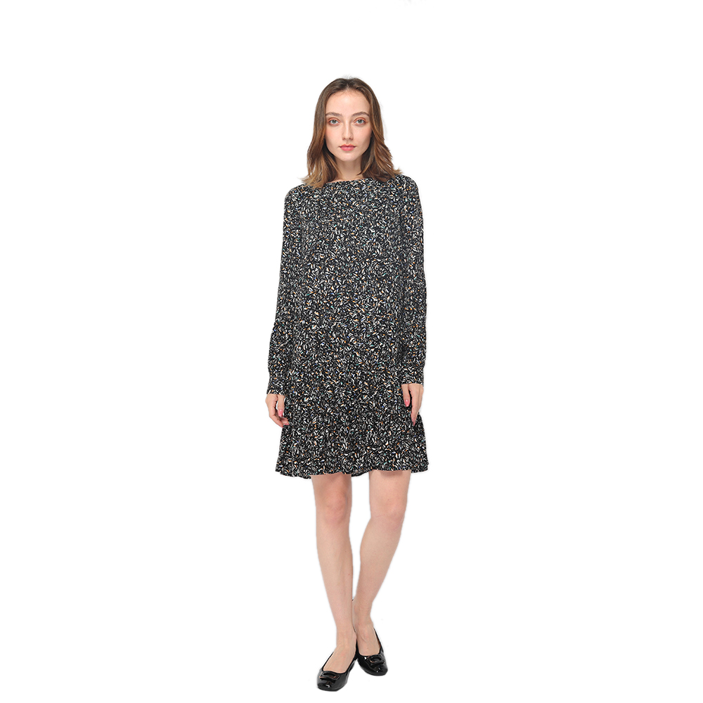 2020 현대 레이온 프린트 라운드 넥 긴 소매 무릎 길이 드레스 여성 도매