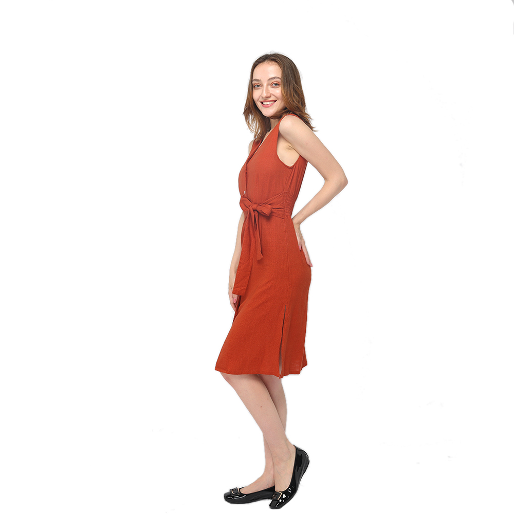 2020 현대 리넨 프론트 버튼 고정 벨트 민소매 드레스 여성 도매