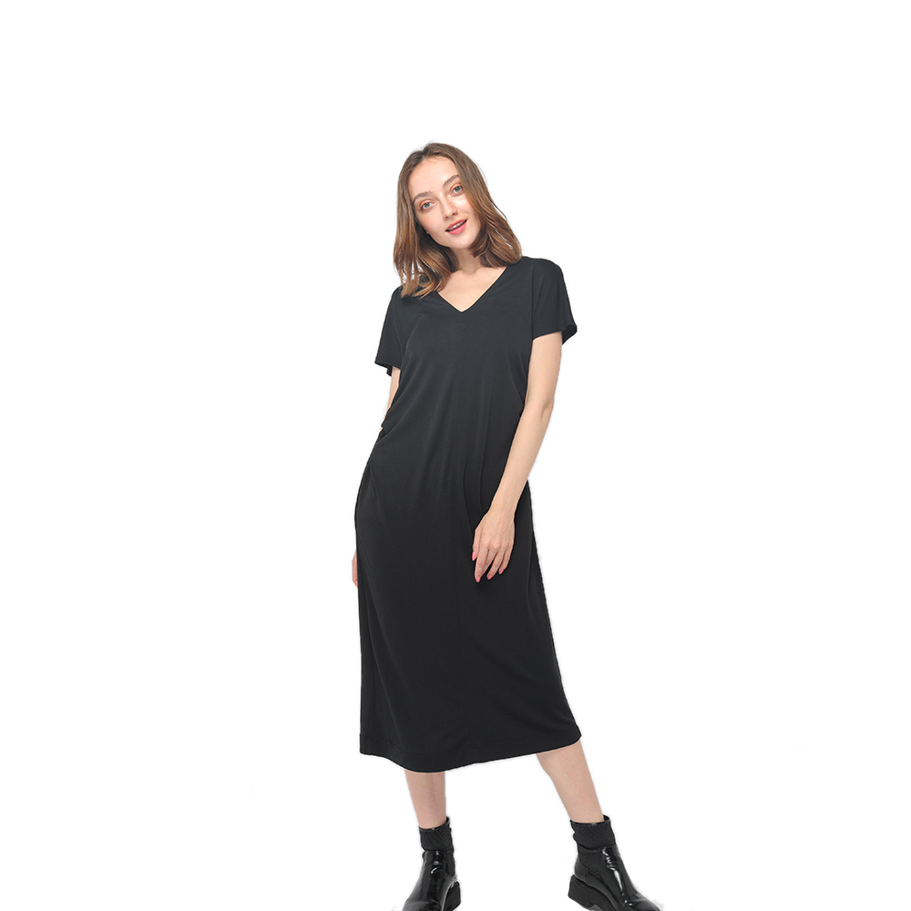2020 modern yuvarlak boyun cilt dostu örgü modal kısa kollu toplama elbise kadın toptan