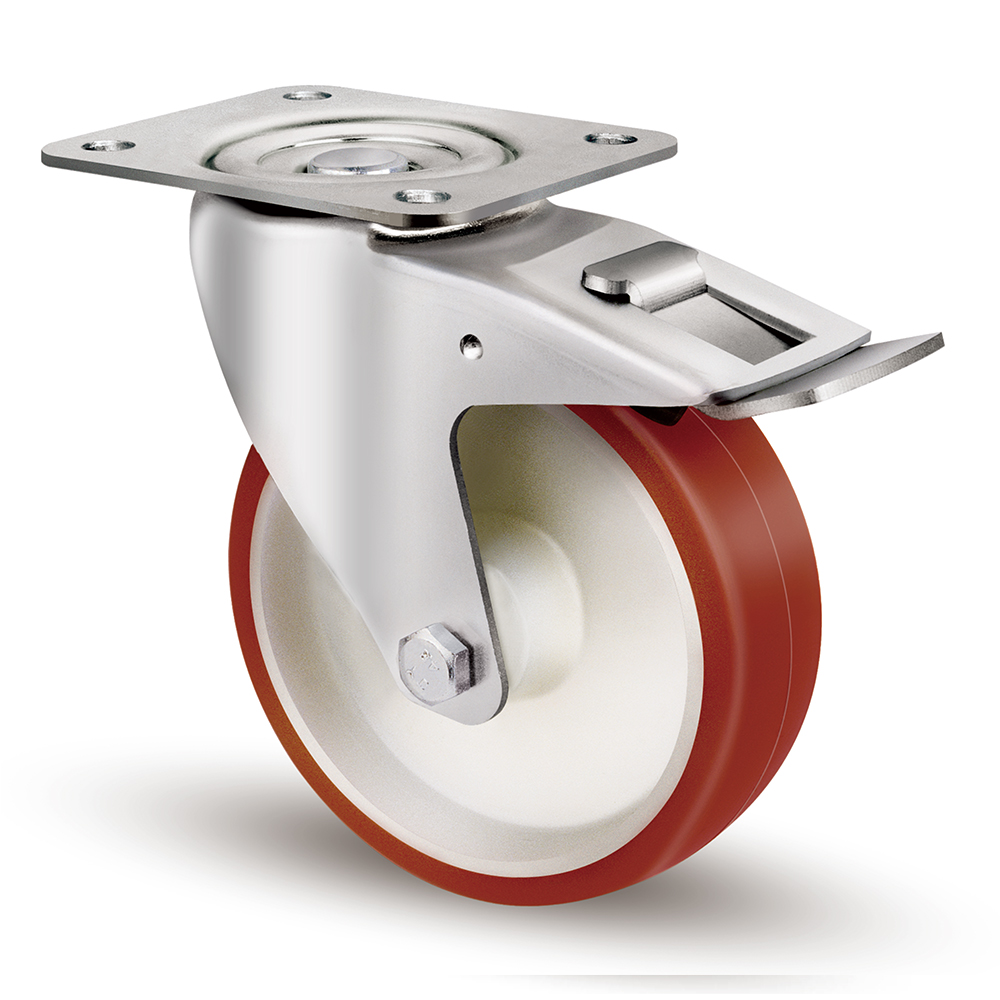 100 mm 4 inch zware industriële rode PU nylon kern rollager bovenplaat type hoge capaciteit zwenkwiel