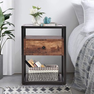 Empered Glass End Table, Cabinet with Drawer and Rustic Shelf Decoration in Living Room
