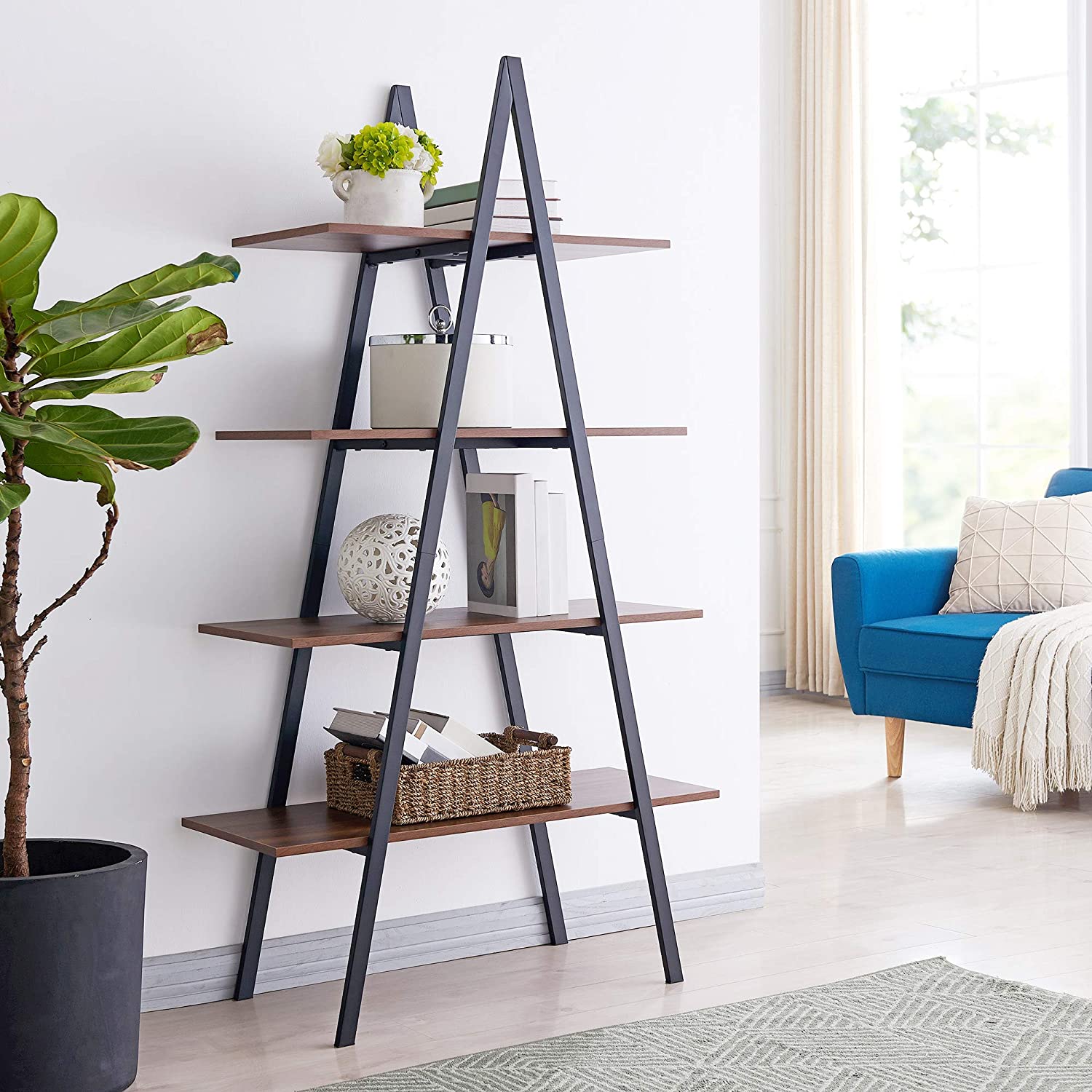 4 Tier Industrial Ladder Bookshelf Wood Metal Bookcase Modern Standing Book Shelves