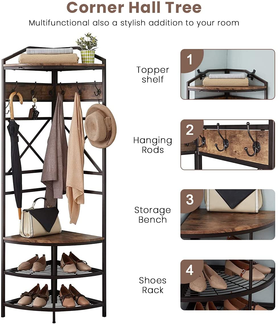 Recaceik Corner Hall Tree Coat Rack with 6 Double Hooks Wood Home Organizer Shoe Bench Shelf