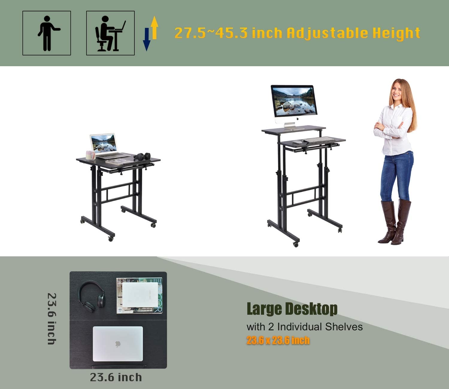 2021mobile Standing Desk Adjustable Computer Desk Rolling Laptop Cart On Wheels Home Office Computer Workstation