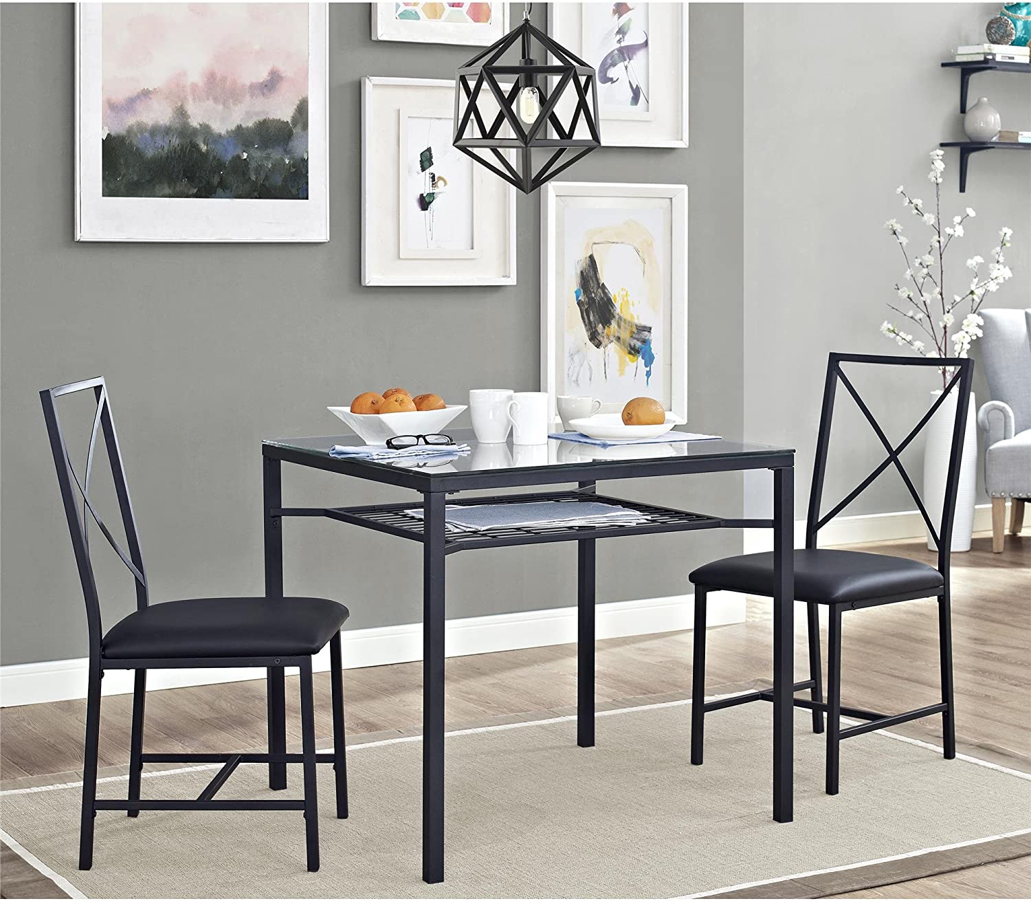 Modern Glass Top Dining Table Set 2 Chairs Dining Room Furniture Square Dining Table